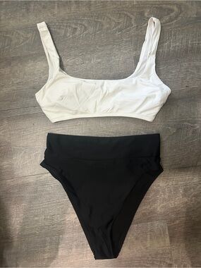 aerie White Scoop Bikini Top & Black High-Waist Bikini Bottoms